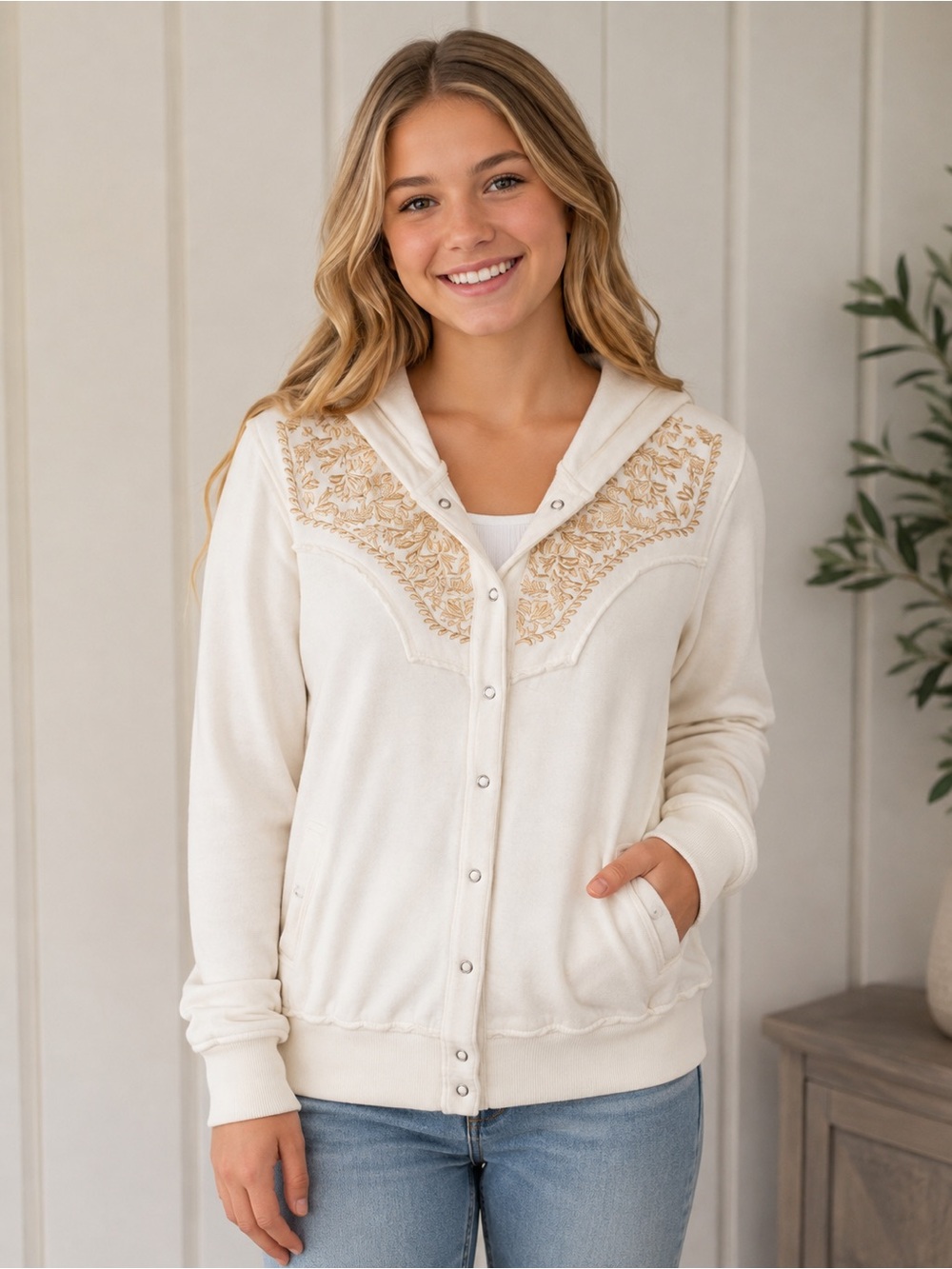 Hale Bob Cream Hoodie Cardigan with Gold Embroidered Yoke